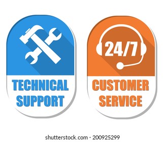 technical support with tools sign and 24/7 customer service with headset symbol, two elliptic flat design labels with icons, business attendance concept