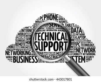 Technical support word cloud with magnifying glass, business concept 3D illustration
