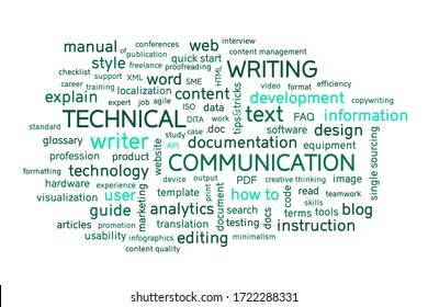 Technical writing word cloud. Technical writer or communicator, documentation, profession concept. Illustration.
