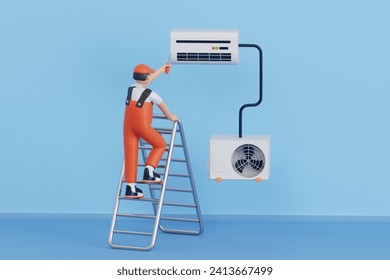 Technician repair air conditioner 3d illustration. Electrician Repair Broken AC 3D Illustration. AC Maintenance Service 3D Illustration
 - Powered by Shutterstock