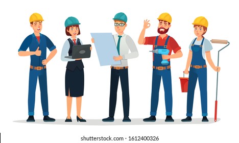 Technician workers and engineers team. Technicians people group, engineering worker and construction. Industrial engineers workers, builders characters isolated cartoon  illustration