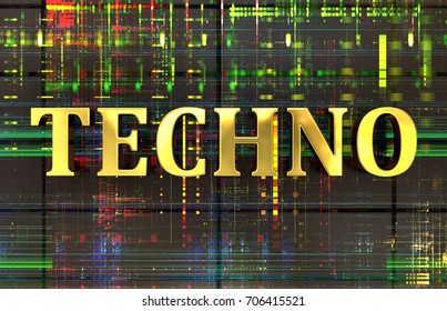 Techno word in gold with electronic background