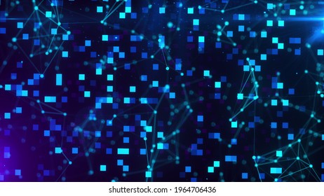 Technological 3d render cubes soldered by bright strips online information transfer space. Countless decorative connections and disconnections in chaotic creative web dance.