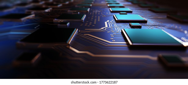 Circuit Board futuristische Server-Code-Verarbeitung. Orange, grüne, blaue Technologie-Hintergrund mit Bokeh. Bewegung auf dem Datendownload-Kanal der virtuellen Hauptplatine eines Computers. 3D-Rendering