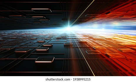 Technological Background Of The Abstract Computer Motherboard, Can Be Used In The Description Of Technological Processes, Science, Education. Can Be Used As Digital Dynamic Wallpaper. 3d Rendering