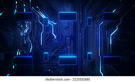 Das abstrakte Motherboard des Servers verarbeitet die Daten, Circuit Board futuristische Server-Code-Verarbeitung. 3D-Abbildung. Schwarz, blauer Hintergrund der Technologie. 3D-Rendering