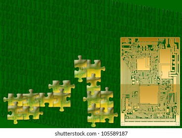 Technological background with circuit board and puzzles