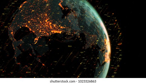 Technological Background Of The Hologram Planet Earth Seen From Space At Night Showing The Lights Of USA, With Digital Data Stream. Connection Structure Digital Communication. 3d Rendering