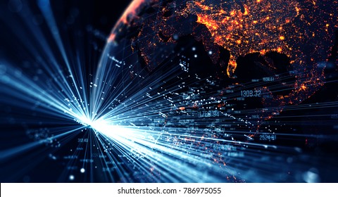 Technological background of the hologram planet Earth seen from space at night showing the lights of USA, sunrise with digital data stream. 3d rendering