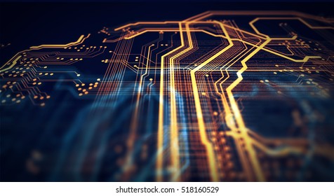 Technological Background Of The 
Orange And Blue Technology Image Circuit Board And Html Code. Can Be Used In The Description Of Technological Processes, Science, Education. 3d Rendering