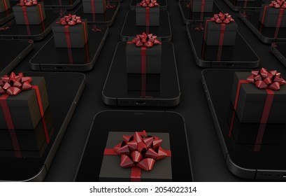 Technological black friday 3d render with dark gift boxes and iphone 13 pro