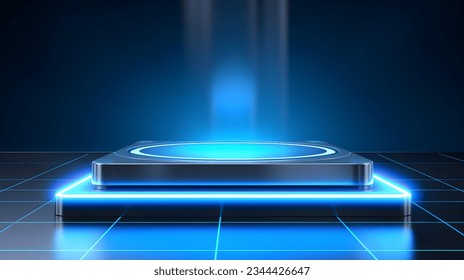 Technological Studio Background with Neon Panels in blue Colors. Futuristic Podium for Product Presentation
