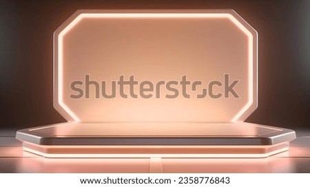Technological Studio Background with Neon Panels in beige Colors. Futuristic Podium for Product Presentation
