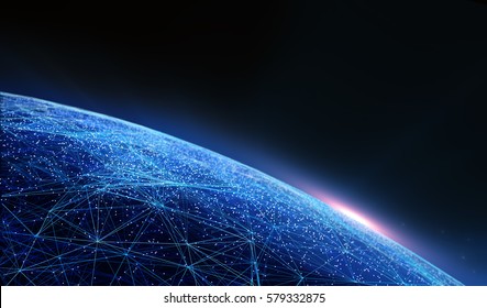 Technology Abstract Background With Connecting Dots And Lines. Connection Structure Digital Communication. Earth Futuristic Technology Abstract Background Illustration. 3d Rendering