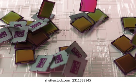 Technology abstract concept. Multi-colored microcircuits fall on a white surface. Rainbow color. CPU. AI. 3d illustration. High quality 3d illustration