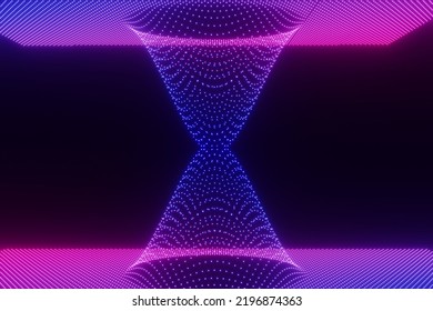 Technology Abstract Dark Background. 3d Illustration Neon Light Connection Concept Blue And Purple Particles Worm Hole