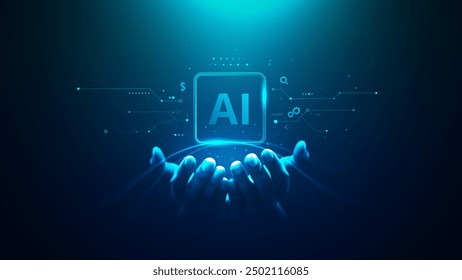 Technology artificial intelligence digital ai hand concept on cyber future business tech science innovation futuristic network strategy background virtual data communication learning assistant search.