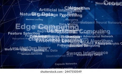Technology and artificial intelligence texts deep learning algorithm neural network, machine learning, connected lines