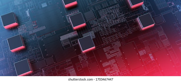 Circuit Board futuristische Server-Code-Verarbeitung. Rote, blaue Technologie, Hintergrund mit Bokeh. Futuristischer Server für 3D-Rendering/Printschaltung