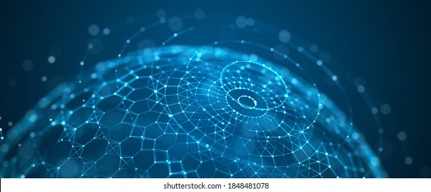 Technology background. Big data visualization. Social network. Concept of network, internet communication. Globe particles sphere with explosion effect. 3d rendering.