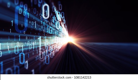 Technology background of binary code flying through a vortex, background code depth of field. Binary code  background with lens flares. 3d rendering