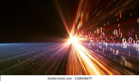 Technology background of binary code flying through a vortex, background code depth of field. Binary code  background with lens flares. Transferring of big data. 3d rendering