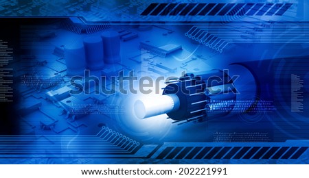 Technology background, circuit board with optic fiber cable	
