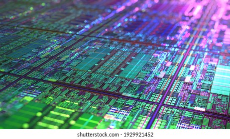 Technology Background CPU Circuit auf großen Wafern. Visualisierung von fortgeschrittenen Technologien. AI-Prozessor, digitaler Datenübermittlungsprozess. 3D-Rendering