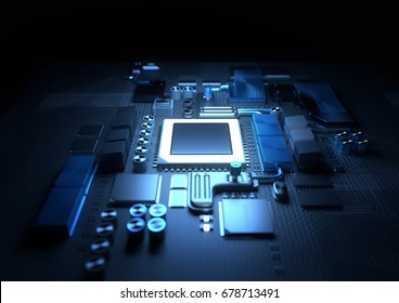 Technology background. A glowing CPU on a motherboard. 3D illustration render.