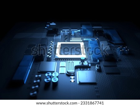 Technology background. A glowing CPU on a motherboard. 3D illustration render.