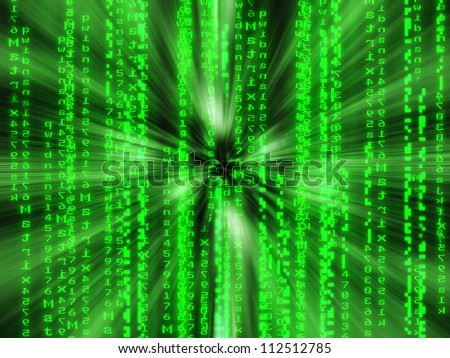 Technology background with green digits and rays