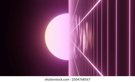 Technology background perspective retro grid. Futuristic cyber surface 80s - 90s styled. Purple mesh on a colors background with the bright sun. Digital space wireframe landscape. 3d rendering.
