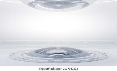 Technology Background. Power podium empty stage in white room. Sci-fi idea concept. Technological elements innovation background, 3D Render.