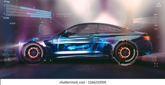 The technology behind modern cars - futuristic concept, with car sensors (hybrid wire frame side intersection) - 3d illustration