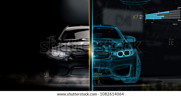 The technology\
behind modern cars - futuristic concept (wireframe frontal\
intersection) - 3d\
illustration