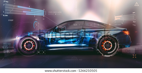 The technology behind modern cars -\
futuristic concept, with car sensors (hybrid wire frame side\
intersection) - 3d\
illustration