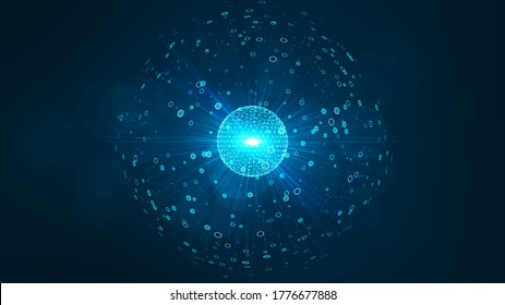 Technology Big Data Concept. Futuristic Spherical Interface. Fractal Element With Lines And Dots.Big Data Connection Complex. Abstract Technology Network Background. 