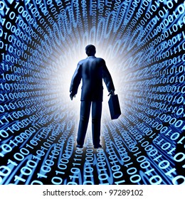 Technology Business With A Man And Briefcase Entering A Binary Code Cyber Company In Silicon Valley Or Digital Market As A Computing Electronics And Futuristic Data Storage Concept.