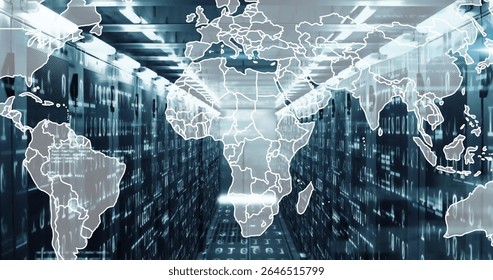 In technology center, image of world map overlaying data servers in use. data center, digital, global, network, information