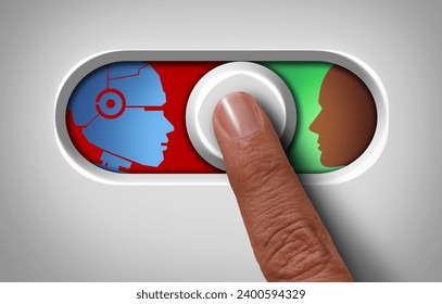 Technology Choice concept and Human Robot or Robotic Automation Replacing Humans as technology and traditional Job Loss as employees being replaced by AI or robots as a switch.