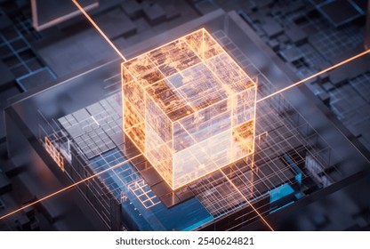 Technology circuit board and core, 3d rendering. 3D illustration.