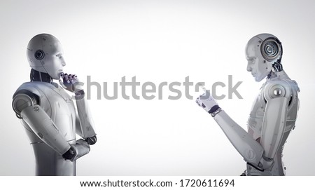 Technology confrontation concept with 3d rendering cyborg confront with empty space