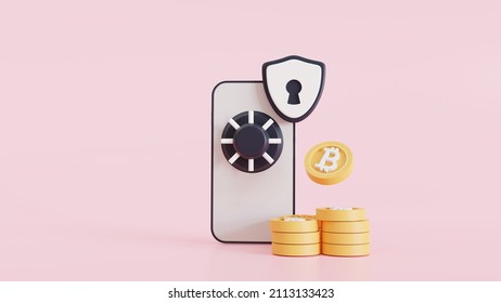 Technology Cryptocurrency Elements. Bitcoin With The Phone On Protects The Platform. Management And Commercial Facilities From Bitcoin Trading. 3d Illustration