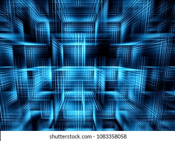 Technology cubes background - abstract computer-generated image. Digital art: neon glowing lines like matrix structure. Sci-fi, hi-tech or virtual reality backdrop.