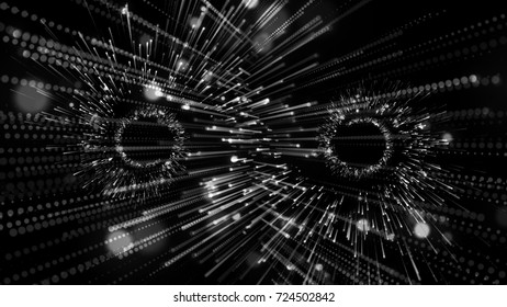 Technology digital background. Glowing grid, sci-fi interface with distorted lines, bright sparkles. 3D rendering. Space star dust round shine or wind wave spin with glow tail on black background