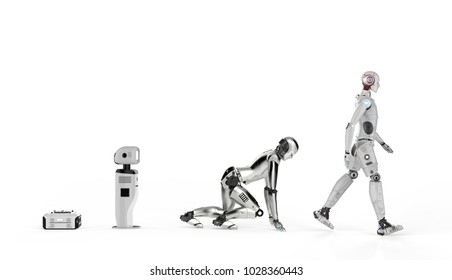 Technology Evolution Concept With 3d Rendering Robot Warehouse, Assistance Robot And Cyborg