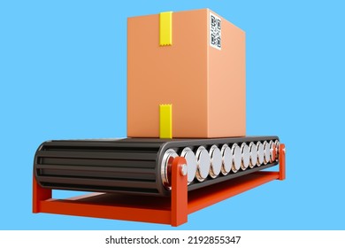 Technology Fulfillment. Conveyor With Card Box. Fulfillment Business. Concept Fast Order Processing. Technology For Process Fulfillment. Cardboard Parcel On Conveyor. Box On Turquoise. 3d Rendering.