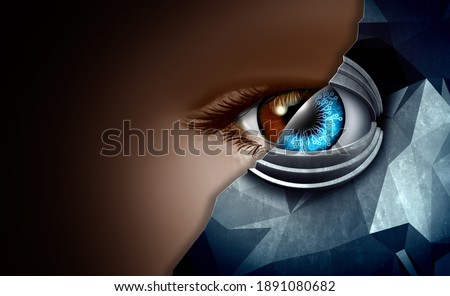 Technology in human and machine concept as advanced tech or robots taking over humanity and people merging with a cyborg or computers idea with 3D render elements.