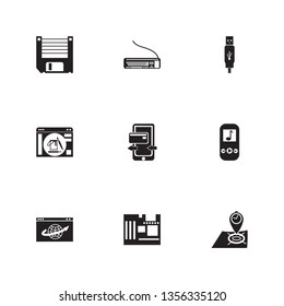 Technology Icon Set And Music Player With Web Browser, Real Time Location And Floppy Disk. Hardware Related Technology Icon  For Web UI Logo Design.