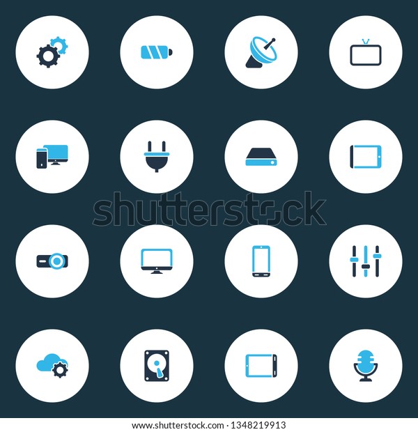 Technology icons colored set with tv, monitor,\
setting and other presentation elements. Isolated  illustration\
technology\
icons.